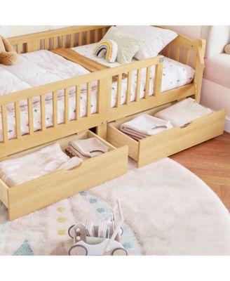 Wood Low Bed Frame, Kids Platform Bed with Storage Drawers and Full-Length Guardrails for Children, No Box Spring Needed