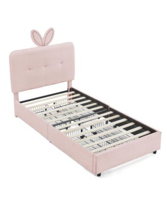 Kids Upholstered Bed Frame, Boucle Platform Bed with 4 Storage Drawers, LED Light and Rabbit Ear Shaped Headboard for Boys Girls