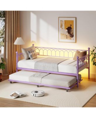 Twin Daybed with Trundle, Sofa Bed Frame with Charging Station & LED Lights, Heavy Duty Metal