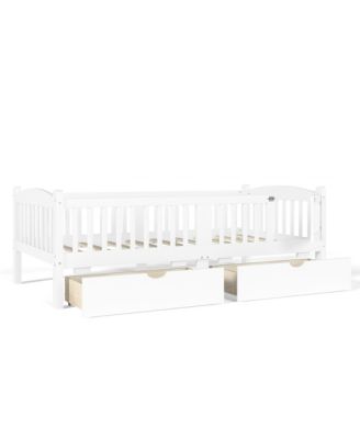 Twin Size Low Bed Frame, Wood Kids Platform Bed with Storage Drawers and Full-length Guardrails for Girls Boys, No Box Spring Needed