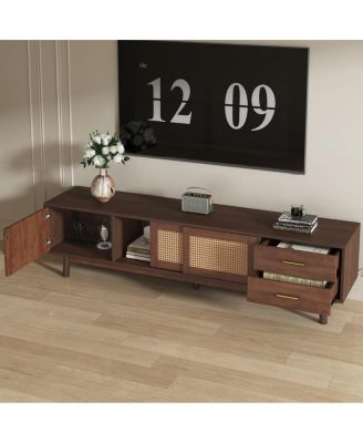Mid Century TV Stand 70'' Media Console Cabinet Rattan Sliding Doors