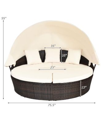 Cushioned Patio Rattan Round Daybed w/ Adjustable Table 3 Pillows Canopy