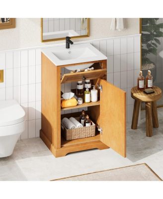 20" Natural Farmhouse Woodgrain Bathroom Vanity With Ceramic Sink, Soft-Close Door And Adjustable Shelf