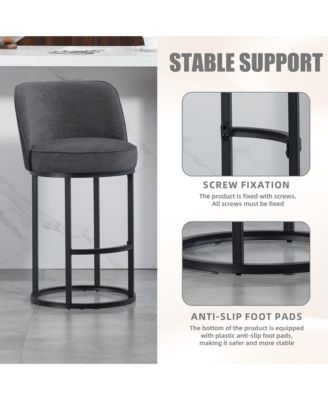 Modern Barrel Bar Stools Set of 2 - Linen Fabric Upholstered Counter Height Chairs with Back and Footrest for Kitchen Island