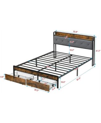 Full Size Bed Frame, Heavy Duty Metal Platform Bed with 2 Storage Drawers, Charging Station and LED Lights Upholstered Headboard for Bedroom