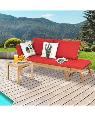 Adjustable Patio Sofa Daybed Acacia Wood Furniture w/ Cushions