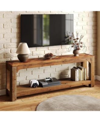 Solid Wood TV Stand with Open Storage Shelves, Farmhouse TV Stand for 65-Inch TV