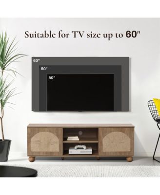 Oak Finish Engineered Wood TV Console, Round Ball Legs, Functional Storage