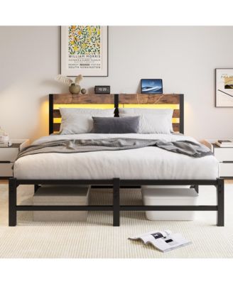 Queen Size Metal Bed Wooden Headboard RGB Lights Charger Storage