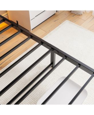 Queen Size Metal Bed Wooden Headboard RGB Lights Charger Storage