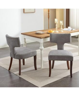 Modern Wooden Dining Chairs Set of 2 - Linen Upholstered Kitchen Chairs with Curved Backrest, Copper Nails for Dining Room