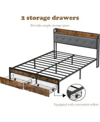 Queen Size Heavy Duty Metal Platform Bed Frame with 2 Storage Drawers, Charging Station and LED Light Upholstered Headboard for Bedroom