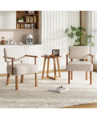 Set of 2 Mid Century Modern Accent Chairs, Linen Fabric Armchairs with Vertical Tufted Back, Upholstered Reading Lounge Chair