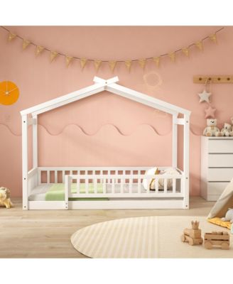 Twin Size Wood House Bed Roof Fence Pine Wood Frame 7 Slats Kids Bedroom