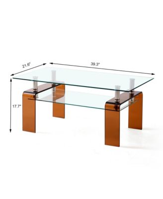 Rectangle 2-Tier Glass Coffee Table, Modern Small Center Table with Storage and Metal Legs for Living Room, Home Office