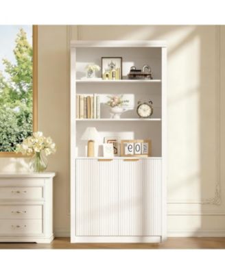 Tall Book Shelf and Bookcase, with Drawer and Doors, Farmhouse Book Case with Storage, Wood Storage Cabinet with 5 Tier Display