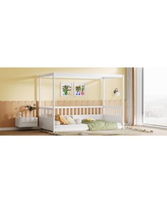 Twin Size Wooden Canopy Floor Bed With Guardrails Four Poster Design For Kids