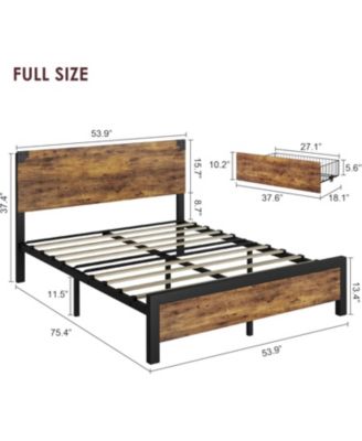 Full Bed Frame with 4 Storage Drawers, Heavy Duty Metal Platform & Wood Headboard, No Box Spring