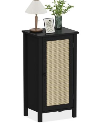 Farmhouse Nightstand with Rattan Door, Accent End Table with Storage - Compact Modern Bedside Table with Wood Legs, Easy Assembly