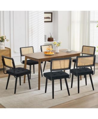 Rattan Dining Chairs Set of 6, Velvet Upholstered Chairs with Tall Cane Back