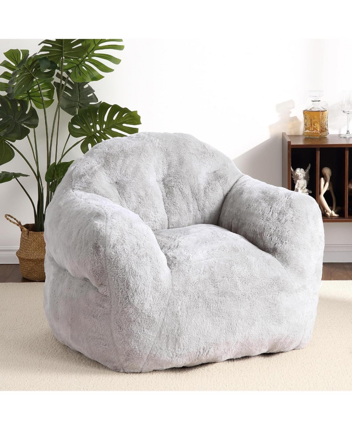 gaomon 51" Fluffy Faux Fur Bean Bag Chair Cover with Filler, Machine Washable, Anti-Slip Storage Bag - Grey