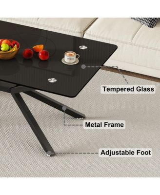 Rectangular Clear Tempered Glass Coffee Table with Adjustable Feet and Metal Legs for Living Room