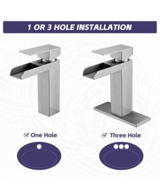 Brushed Nickel Waterfall Bathroom Faucet, Single Handle, 1/3 Hole with Deck Plate and Overflow Pop-Up Drain