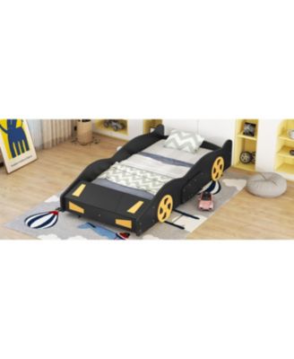 Twin Size Race Car Bed With Wheels Storage Pine Wood MDF No Box Spring