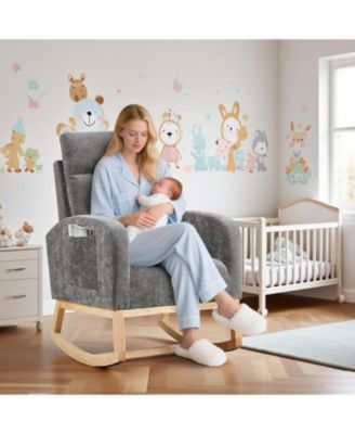 Modern Nursery Rocking Chair with Wood Legs and Side Pocket