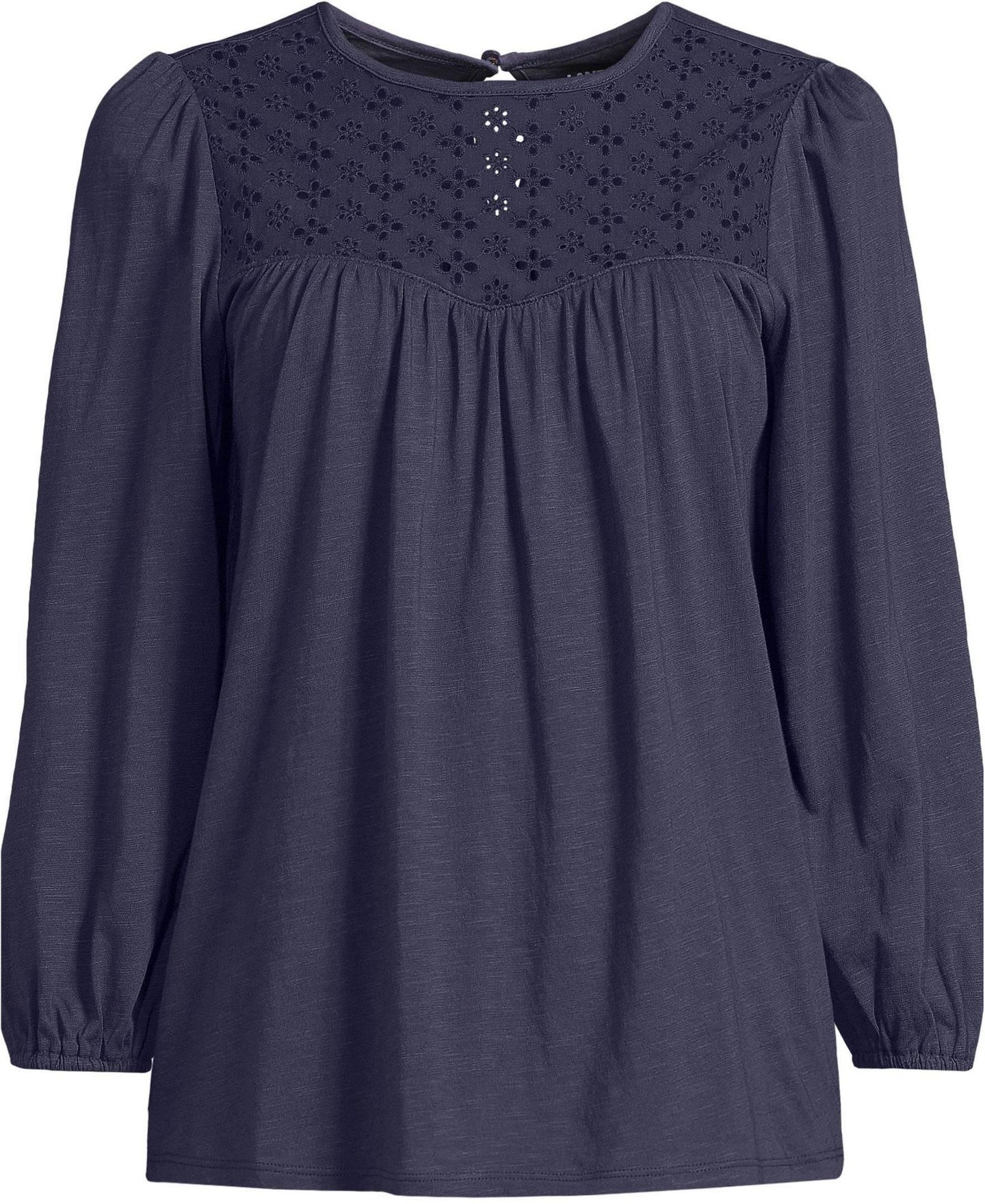 Женский топ Lands' End 3/4 Sleeve Eyelet Mix Flowy, цвет: Выцветший тёмно-синий — фото 3