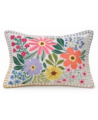 Backyard Garden Floral Embroidered Lumbar Decorative Pillow, 14" x 20"