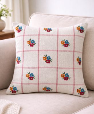 Daisy Checkerboard Handwoven Floral Check Decorative Pillow, 20" x 20"