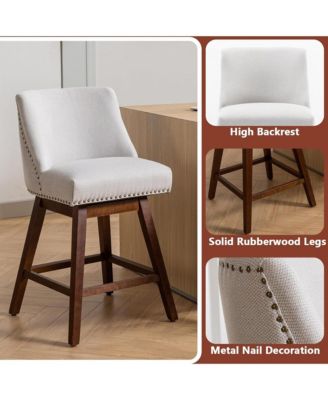 Swivel Bar Stools Set of 2, Modern Upholstered Counter Height Chairs with Wooden Legs and Nailhead Trim for Kitchen Island