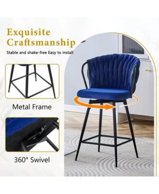 Velvet Bar Stool Set of 2, Swivel Counter Height Chairs with Metal Frame and Woven Rope Backrest for Kitchen Island, Home Pub