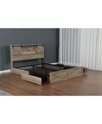  Farmhouse Bed Frame With LED Lights Charging Station 2 Storage Drawers