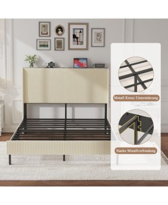 Metal Platform Bed Beige Charging Station 2 USB Ports Noise Free No Box Spring Needed