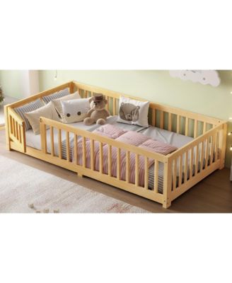 Kids Floor Bed with Safety Guardrails Removable Slats and Door Wood Construction