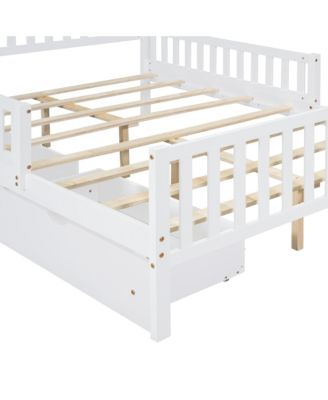  Wood Platform Bed with Dual Side Guardrails Two Storage Drawers and Slat Support