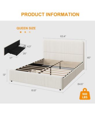 Queen Size Double Drawer Soft Bag Bed, Corduroy White Upholstered Bed with Storage, Soft and Comfortable Mattress, No Box Spring Needed