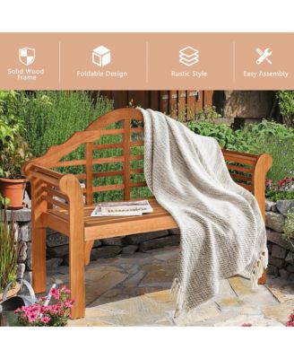 Foldable Patio Wooden Bench Garden Loveseat with Crown-Like Backrest