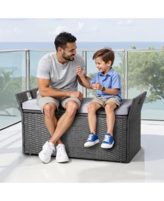 PE Rattan Outdoor Storage Bench for Two with Cushion