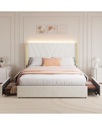 Upholstered LED Bed Frame with 4 Storage Drawers, RGB Lights, Platform Bed Frame with Wingback Headboard, No Box Spring, Noise-Free