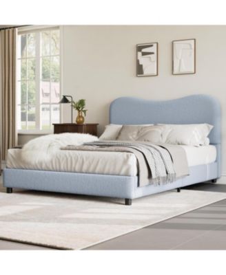 Queen Size Platform Bed Frame, Metal Frame with Wooden Slats, Sherpa Fabric Upholstered Headboard, No Box Spring, Noise Free