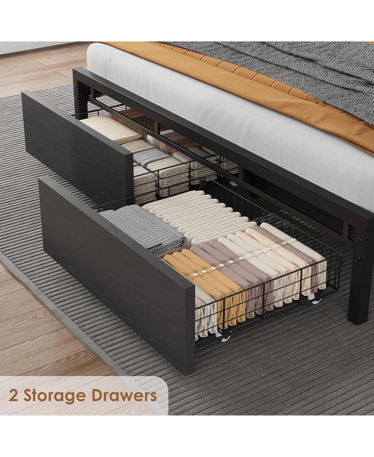 gaomon Queen Size Platform Bed Frame with Storage Headboard, 2 Large Drawers, Usb Charging Station, Noise-Free, No Box Spring Needed