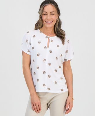 Petite Painted Fan Keyhole Short-Sleeve Top
