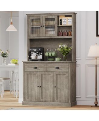tall freestanding kitchen pantry cabinet with drawers, adjustable shelves, and microwave stand for kitchen or dining room