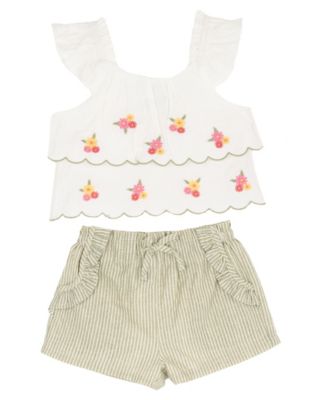 Baby Girls' Flutter Cap Sleeve Top and Stripe Olive Shorts, 2-Piece Set