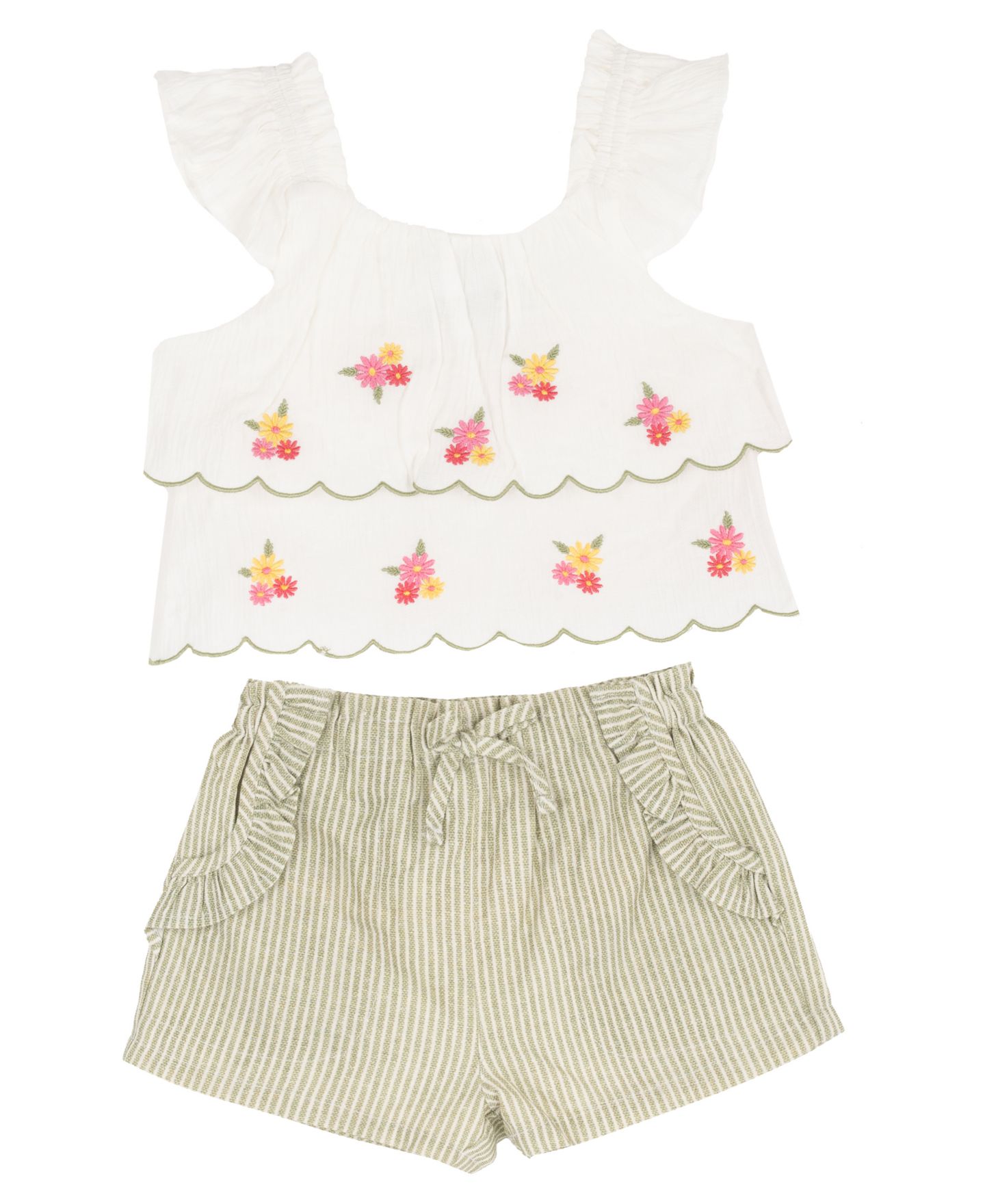 Комплект Rare Editions Flutter Cap Sleeve Top and Stripe Olive Shorts, 2-Piece Set для девочек-малышей, цвет: Молочный белый — фото 2