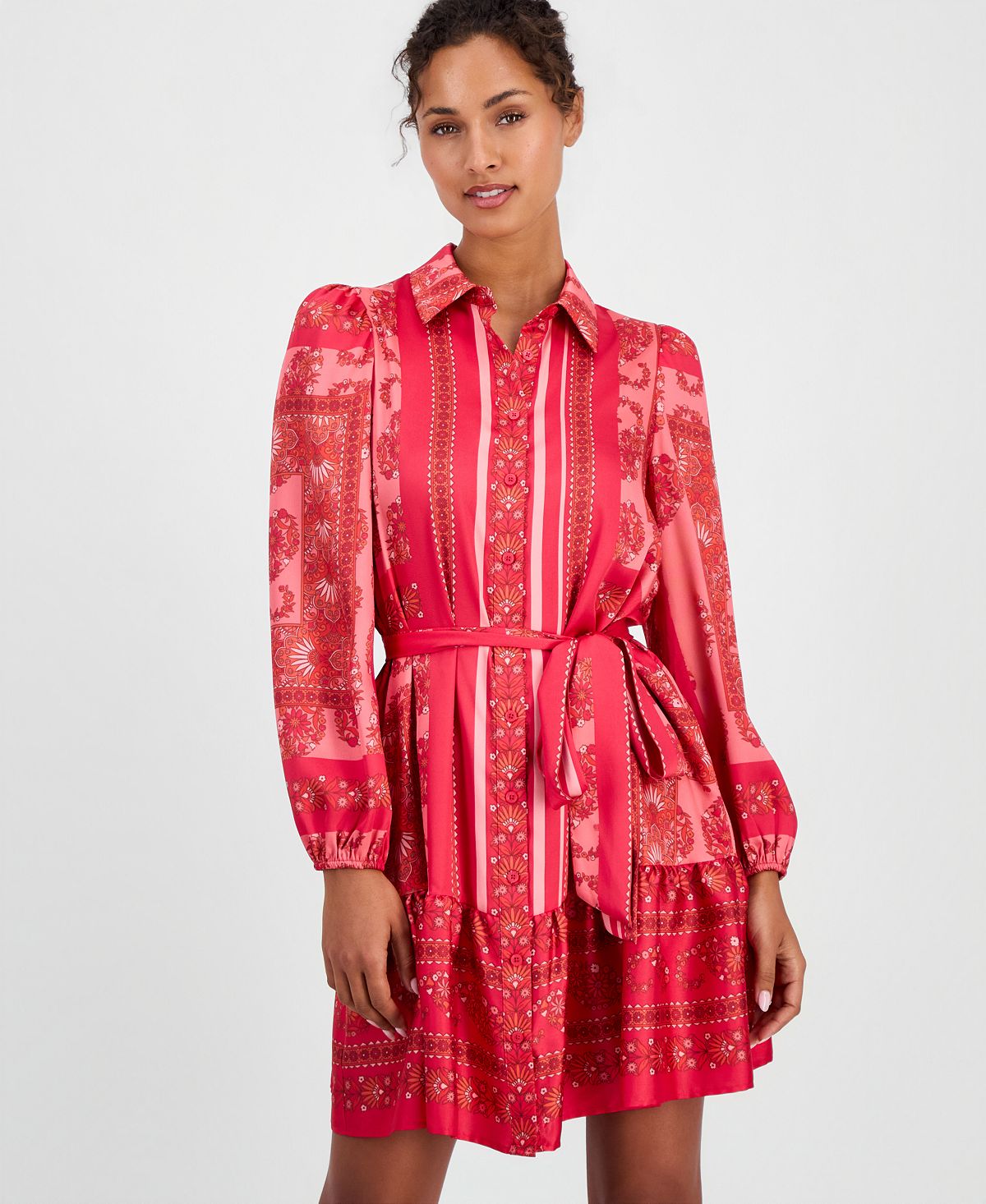 Anne Klein Women's Long-Sleeve Scarf-Print Twill Shirt-Dress view 2 — MAYCSS fashion products