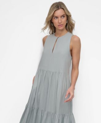 Women's Sleeveless Keyhole Crewneck Tiered Maxi Dress